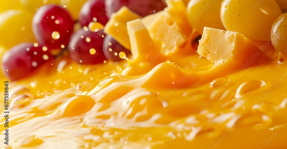 Red and green grapes, along with cubes of cheese, splash into a pool of vibrant orange juice, creating a dynamic and refreshing scene. Red and green grapes, along with cubes of cheese, splash into a pool of vibrant orange juice, creating a dynamic and refreshing scene.