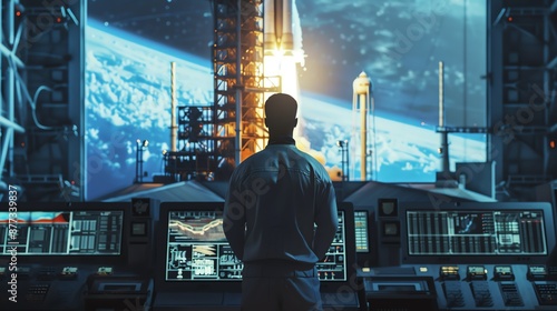Space mission control center with engineer overseeing rocket launch to space. Futuristic technology and exploration concept.