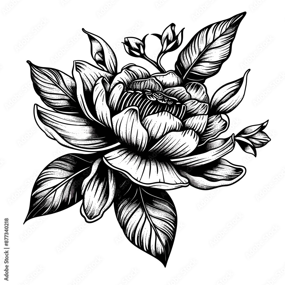 Fototapeta premium A black and white drawing of a flower with a leaf
