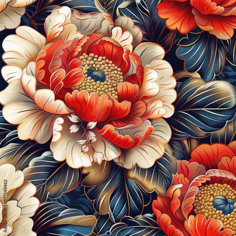 Close-up of vibrant red and white peonies with intricate gold details against a dark blue background. Close-up of vibrant red and white peonies with intricate gold details against a dark blue background.