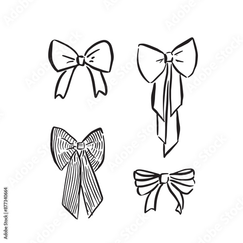 Bows drawn by hand in four unique styles. Ribbon tied bows for weddings or christenings and other events.