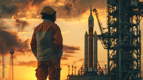 Engineer in protective gear observing rocket launch pad at sunset, symbolizing exploration and technological advancement. photo