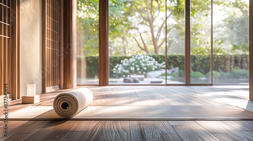 Sunlight filters through a shoji screen, illuminating a rolled-up yoga mat in a serene, minimalist room with a tranquil garden view. photo