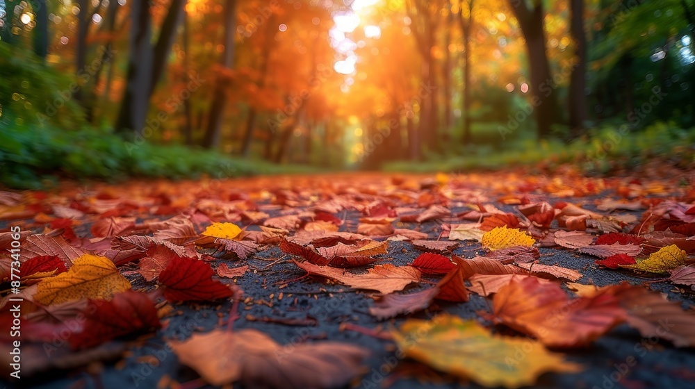 Autumn Leaves on Forest Path at Sunset - Generative AI Autumn Leaves on Forest Path at Sunset - Generative AI