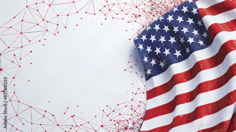 Obraz premium American flag with a modern network background, symbolizing technology, innovation, and connectivity in the United States., 4th of july holiday,Independence Day,Memorial Day