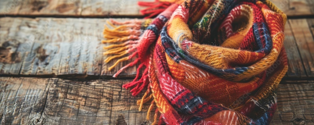 Colorful woolen scarf neatly folded on rustic wooden surface, showcasing intricate patterns and textures, perfect for cozy warmth. Colorful woolen scarf neatly folded on rustic wooden surface, showcasing intricate patterns and textures, perfect for cozy warmth.