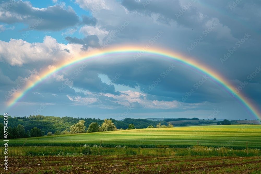 Arch Rainbow. Scenic view of Rainbow over Agricultural Landscape with Cloudy Sky Arch Rainbow. Scenic view of Rainbow over Agricultural Landscape with Cloudy Sky