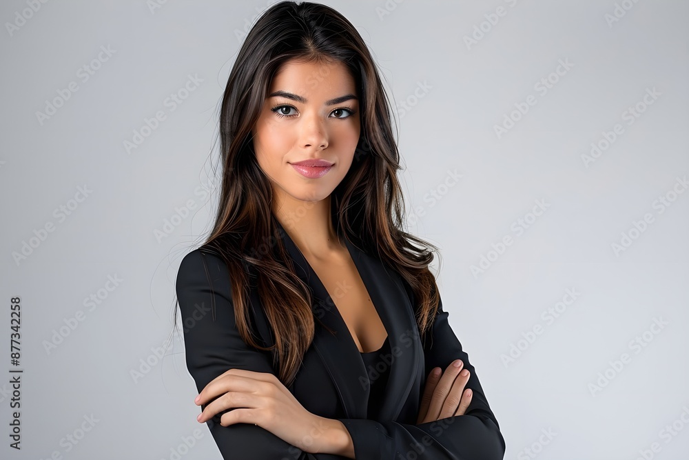 Portrait of a beautiful young Latin businesswoman, standing in a studio with a pure white background, with a confident and professional expression, arms folded, Generated AI Portrait of a beautiful young Latin businesswoman, standing in a studio with a pure white background, with a confident and professional expression, arms folded, Generated AI