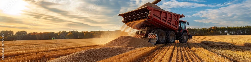 Fototapeta premium unloading grain into a tractor trailer after harvesting on the field