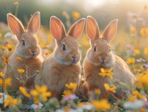 Three Adorable Bunnies in a Meadow © KRIS