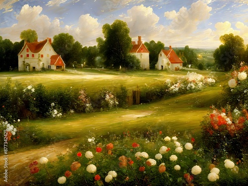 Quiet countryside scene featuring charming houses with red roofs, set amidst lush green fields and blooming flowers. Fluffy clouds dot the bright blue sky, (Gen, A.I.)