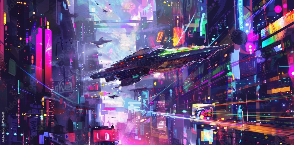 The image depicts a bright, futuristic cityscape painted in a cyberpunk style The image depicts a bright, futuristic cityscape painted in a cyberpunk style