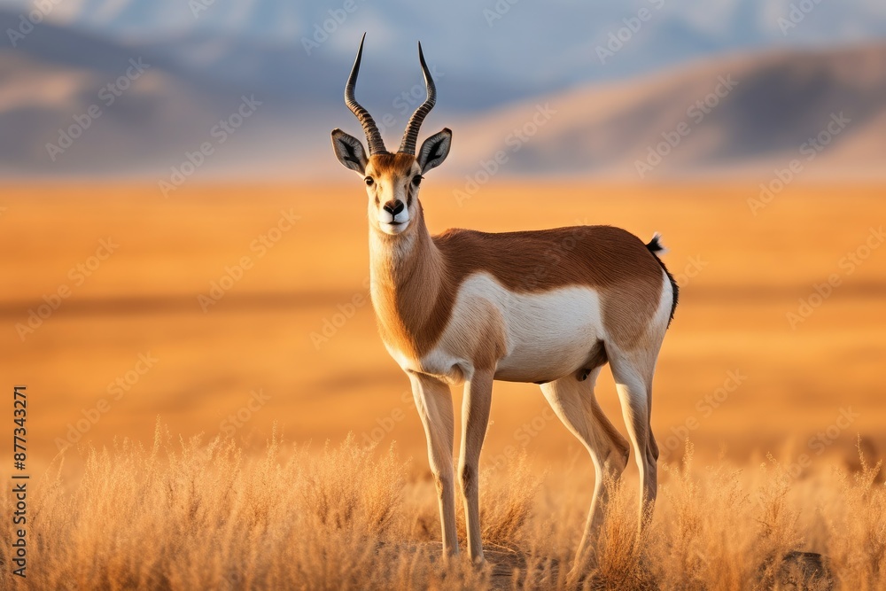 Beautiful antelope stands alert in the glowing sunset light on a vast savannah Beautiful antelope stands alert in the glowing sunset light on a vast savannah