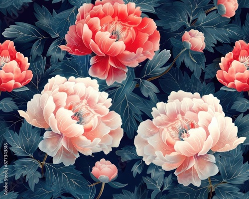 Seamless pattern with pink peonies and green leaves on a dark blue background.