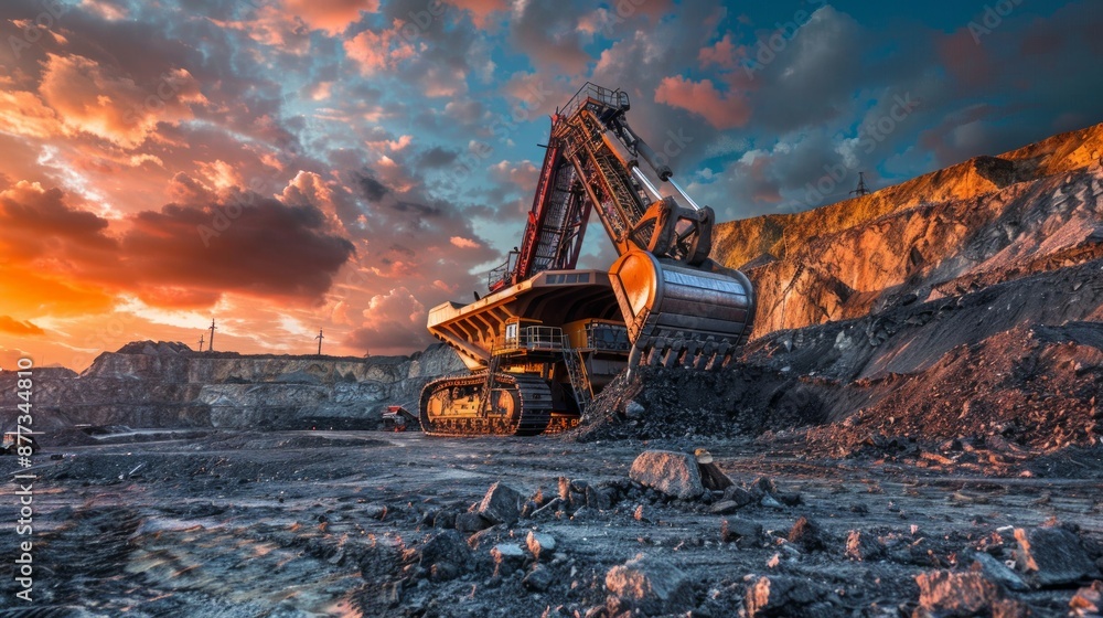 Excavator at Sunset in a Coal Mine Excavator at Sunset in a Coal Mine