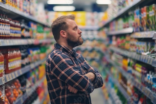 Confused client thinking what to buy in a supermarket buyer deciding about purchases in a big store photo