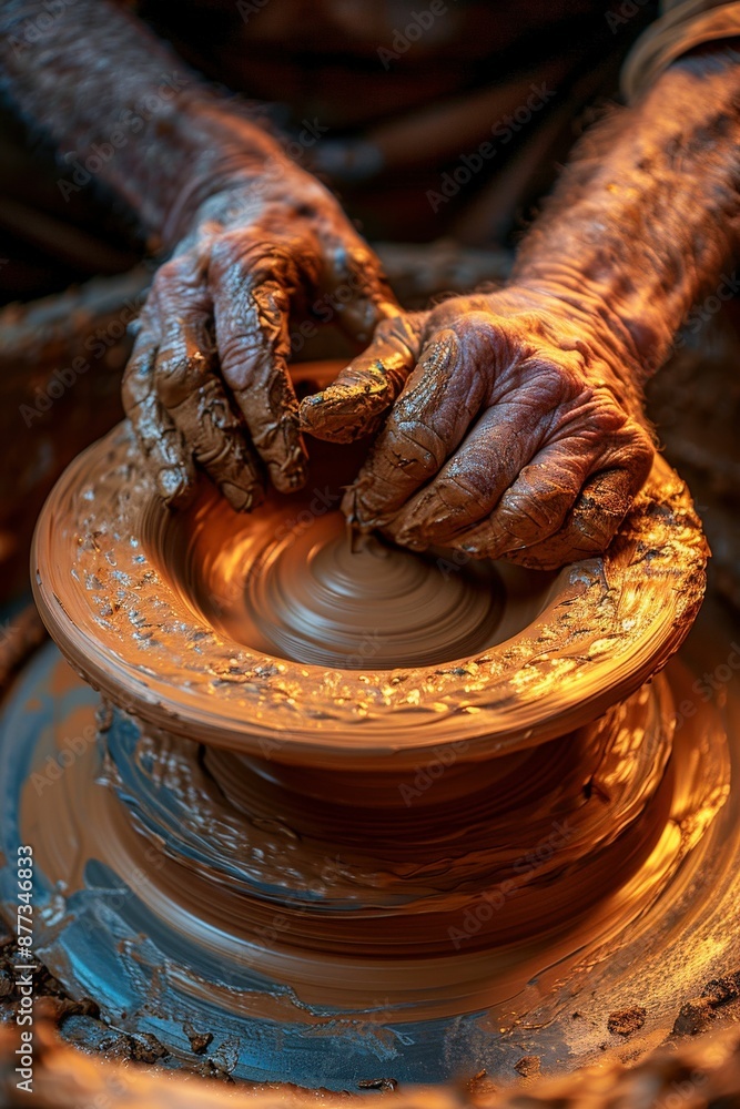 Close-up of Skilled Potter's Hands Shaping Clay on a Pottery Wheel in Warm Lighting Close-up of Skilled Potter's Hands Shaping Clay on a Pottery Wheel in Warm Lighting