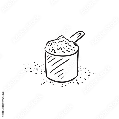 A line drawn scoop of protein powder or supplement. Drawn by hand in a sketch line drawn style.