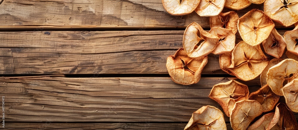 A wooden surface serves as a backdrop for dried apple chips neatly arranged for a copy space image A wooden surface serves as a backdrop for dried apple chips neatly arranged for a copy space image
