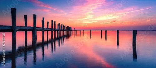 Silhouetted piers tower over a serene lake set against a colorful sunset in the sky creating a picturesque scene with copy space image photo