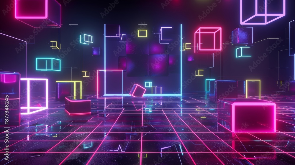 Background of neon light abstract background in 3D technology, and empty space scene, spotlights, dark night, virtual reality, cyber futuristic sci-fi background, street floor studio for mock-ups. Background of neon light abstract background in 3D technology, and empty space scene, spotlights, dark night, virtual reality, cyber futuristic sci-fi background, street floor studio for mock-ups.