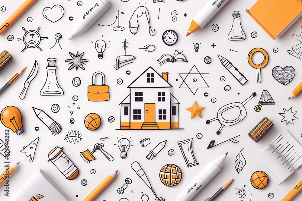 Doodle background with house in the center, pencils, pens, and office supplies. Doodle background with house in the center, pencils, pens, and office supplies.