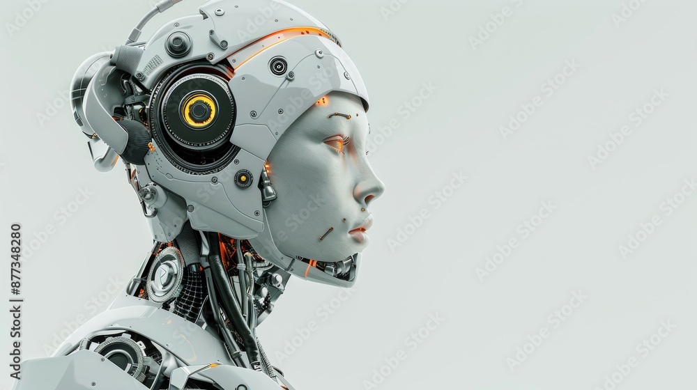Robot with futuristic technology in white color. Concept of stock market, technology, and science fiction. Post-processing of generative AI. Robot with futuristic technology in white color. Concept of stock market, technology, and science fiction. Post-processing of generative AI.