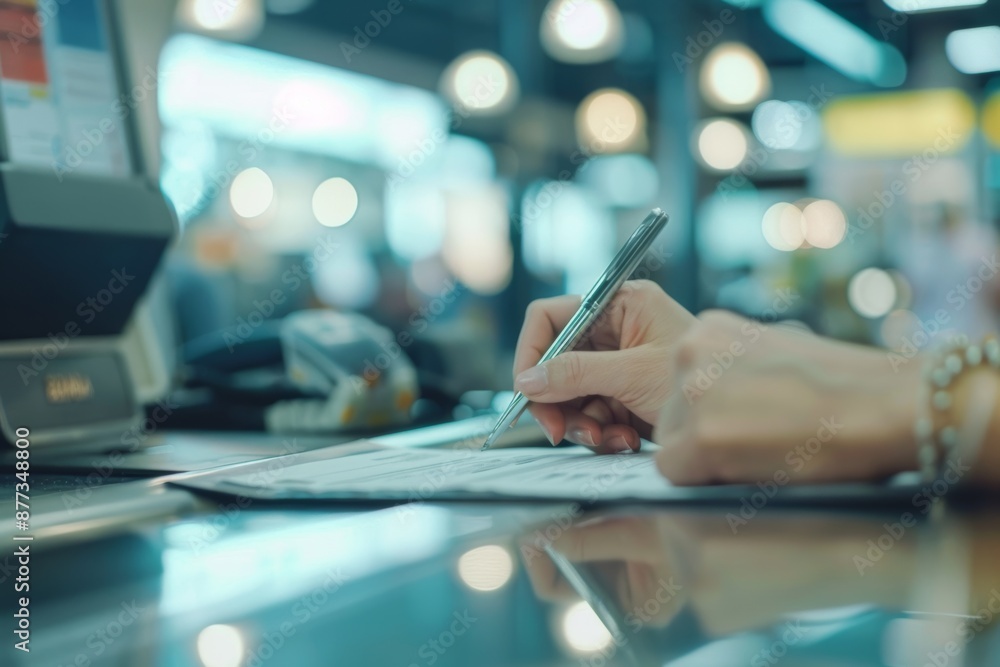 Obraz premium Customer Signing Car Rental Agreement at Service Counter - Close-Up Photo for Business and Marketing Use