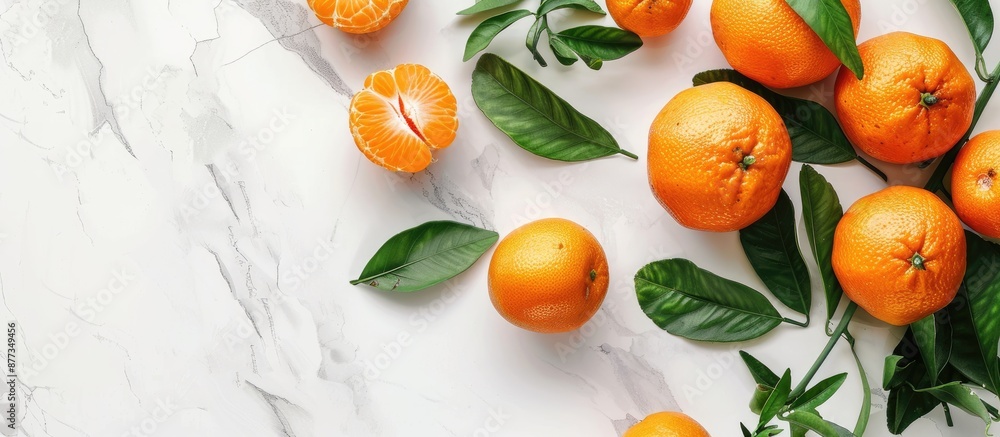 Top view of Clementines with leaves on a white marble surface offering ample copy space in the image Top view of Clementines with leaves on a white marble surface offering ample copy space in the image