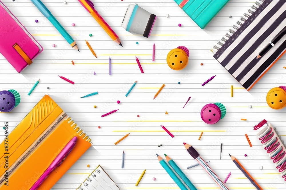 Colorful stationery and confetti on lined paper background. Colorful stationery and confetti on lined paper background.