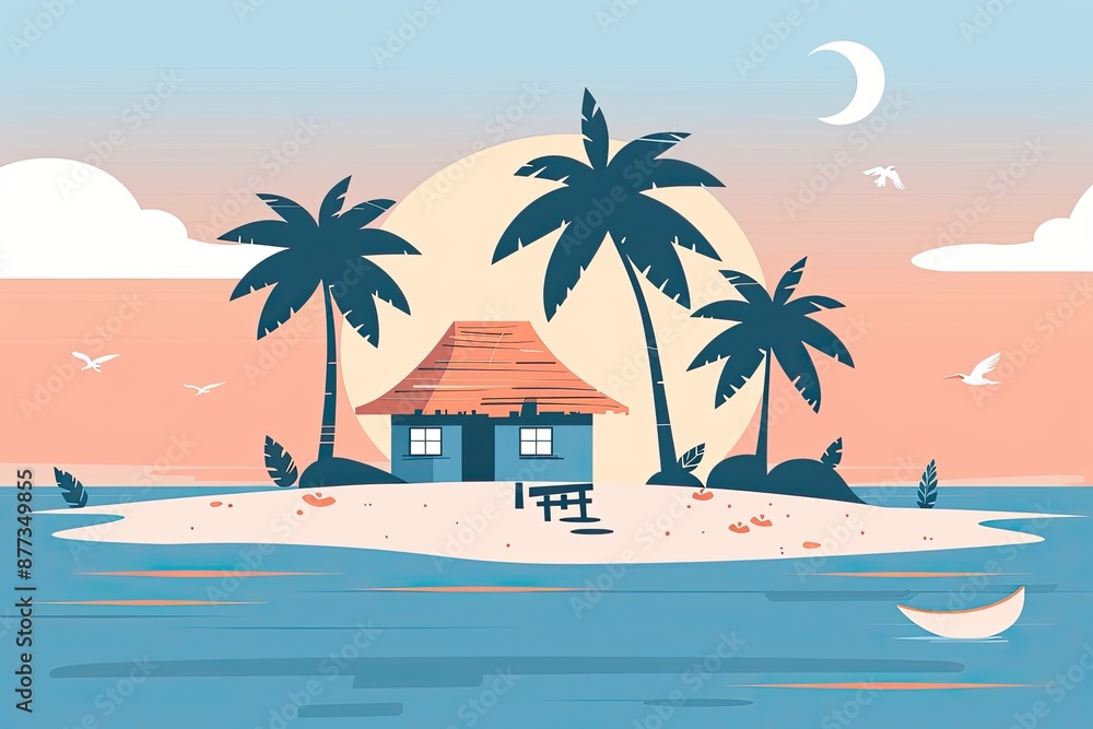 Obraz premium Tranquil Tropical Island Retreat - Minimalist Vector Design for Decoration or Vacation Ads