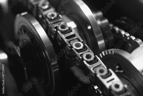 Close-Up of Precision Car Timing Belt and Pulleys for Automotive Engineering photo