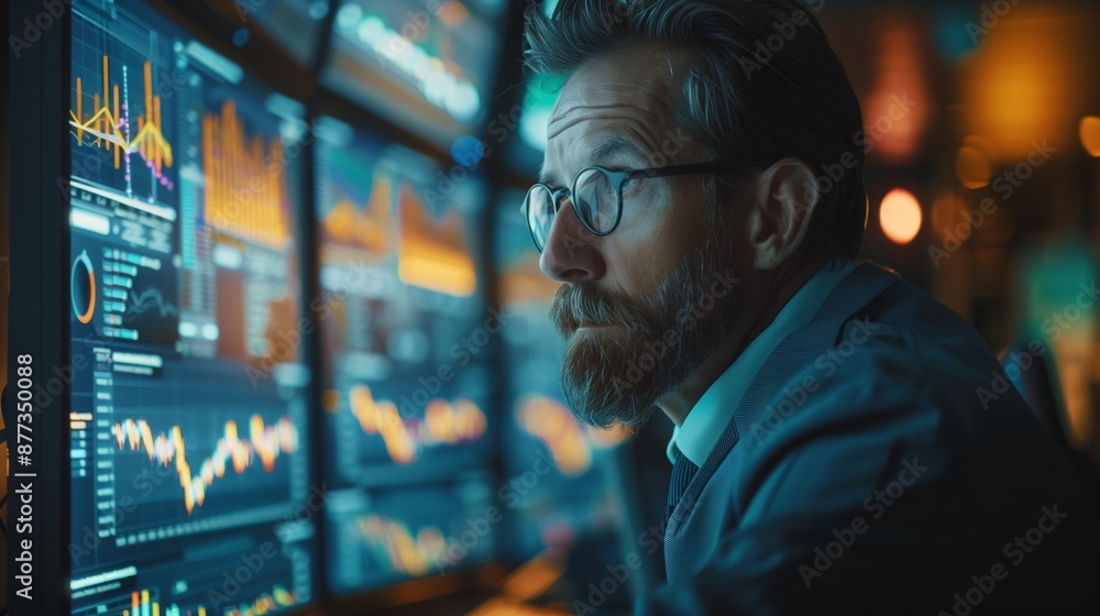 A businessman analyzing data on a computer A businessman analyzing data on a computer
