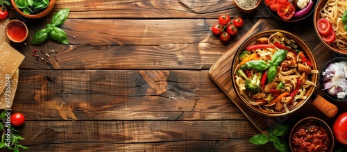 Top down view of a wooden table displaying traditional Italian food pasta with chicken veggies and a blank space for text or images. Copy space image. Place for adding text and design