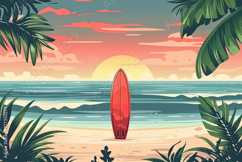 Serene Tropical Beach: Minimalist Surfboard Illustration for Vacation Vibes Poster