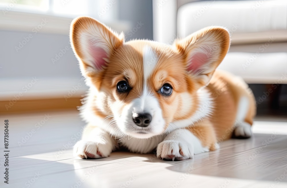Small adorable corgi lying on the floor in a bright room Small adorable corgi lying on the floor in a bright room
