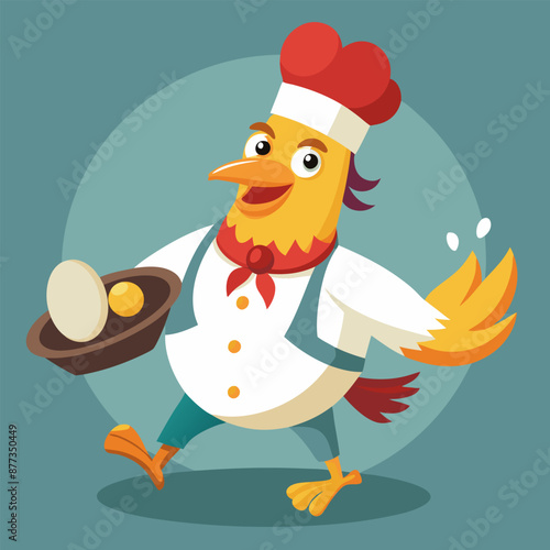 The cheerful rooster chef prepares a delicious omelette for breakfast, inviting everyone to enjoy their morning meal.