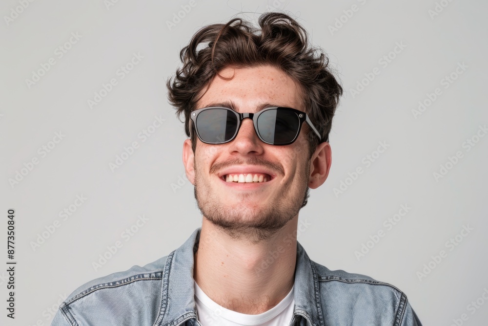 Obraz premium Portrait of a happy man in his 20s wearing a trendy sunglasses isolated in plain white digital canvas