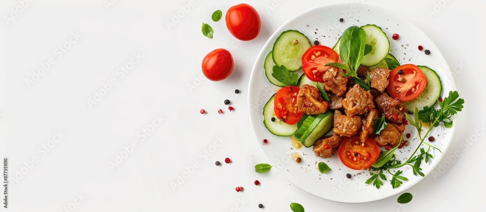 A plate with red tomatoes cucumber and fried meat pieces on a white plate with a blank background for a copy space image A plate with red tomatoes cucumber and fried meat pieces on a white plate with a blank background for a copy space image