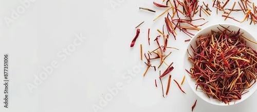 A top down close up view of red tea with golden needles on a white background ideal for a high resolution copy space image photo