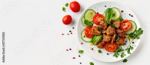 A plate with red tomatoes cucumber and fried meat pieces on a white plate with a blank background for a copy space image