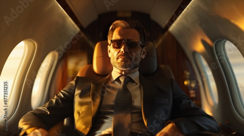 A businessman traveling in an airplane for a business meeting
