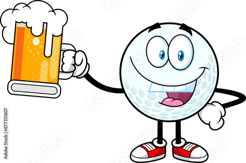 Happy Golf Ball Cartoon Character Holding A Beer Glass. Vector Hand Drawn Illustration Isolated On Transparent Background