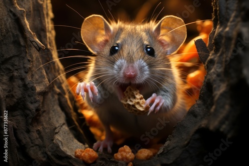 Adorable rat enjoying a snack between tree trunks, illuminated by a cozy, warm glow