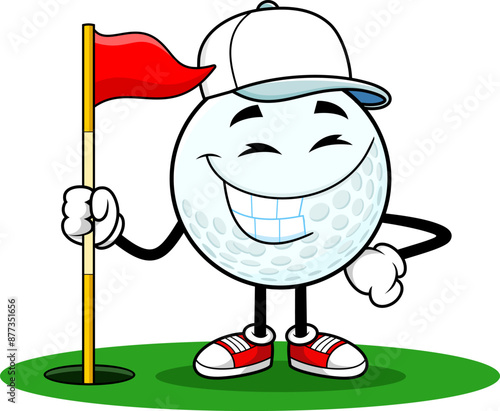 Smiling Golf Ball Cartoon Character Holding Golf Flag. Vector Hand Drawn Illustration Isolated On Transparent Background