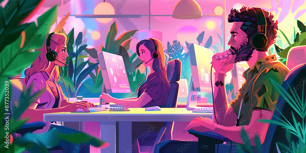Young telemarketers, in front of computers working in a technology office. Young telemarketers, in front of computers working in a technology office.