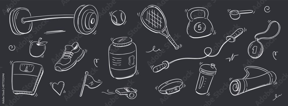 Sport gym sketch health icon set. Hand drawn sketch doodle healthy sport, gym fit exercise equipment icon.Doodle hand drawn tennis ball, bottle, dumbbell fit equipment. Vector illustration. Sport gym sketch health icon set. Hand drawn sketch doodle healthy sport, gym fit exercise equipment icon.Doodle hand drawn tennis ball, bottle, dumbbell fit equipment. Vector illustration.