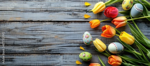 Easter themed decor featuring eggs and tulips on a wooden backdrop with ample copy space image