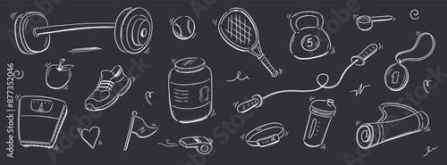 Sport gym sketch health icon set. Hand drawn sketch doodle healthy sport, gym fit exercise equipment icon.Doodle hand drawn tennis ball, bottle, dumbbell fit equipment. Vector illustration.