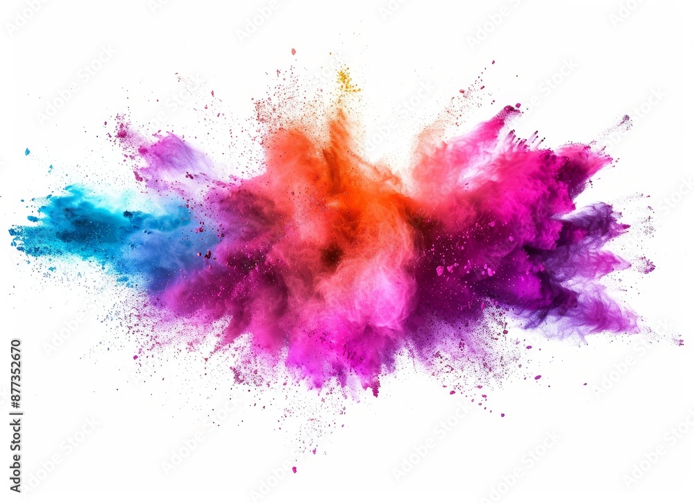 Multicolored powder splattered on white background with freeze-motion explosions of color powders Multicolored powder splattered on white background with freeze-motion explosions of color powders